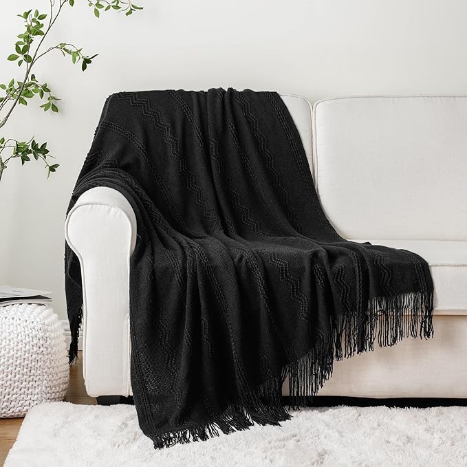 BATTILO HOME Black Throw Blanket with Fringe, Bed Throws for Home Decor, Decorative Black Knit Throw for Couch Sofa, 50"x60"