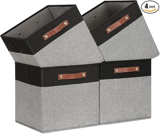 Temary 13 x 13 Storage Cubes Foldable Storage Cubes 4 Pack Canvas Storage Bin for Home, Square Storage Baskets with Leather H