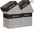 Temary 13 x 13 Storage Cubes Foldable Storage Cubes 4 Pack Canvas Storage Bin for Home, Square Storage Baskets with Leather H