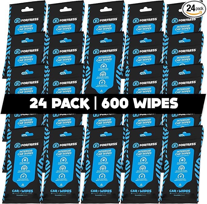 Fortress Car Interior Wipes (25 ct, Pack of 24) for Car Interior Cleaning, Dashboard, Seats, Detailing, and Steering Wheel [T