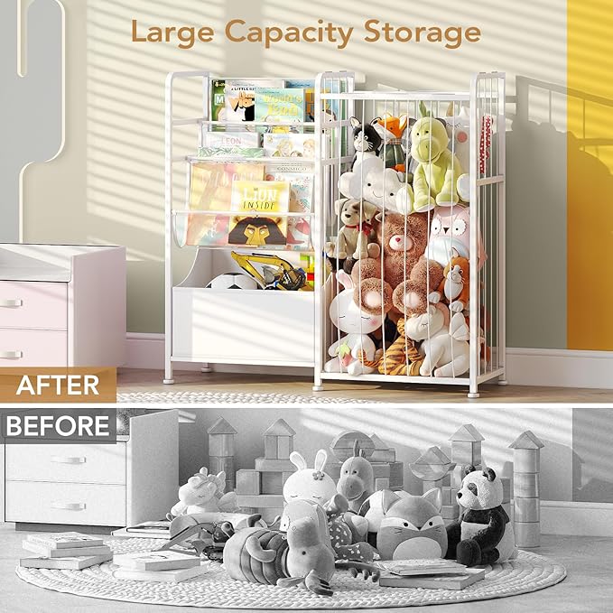 BBLIKE Kids Bookshelf and Stuffed Animal Storage - Multi-Function Nursery Book Shelves with Leather Toy Box and PVC Book Disp