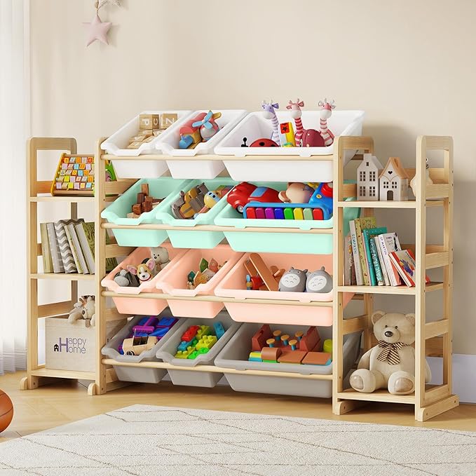 EXPERLAM Extra Large Toy Storage - Toy Storage Organizer, Wooden Toy Organizer with 6 Side Shelves and 12 Bins, 3-in-1 Booksh