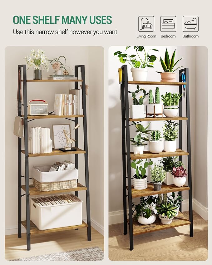 Hzuaneri Ladder Shelf, Bookshelf Bookcase, Freestanding Corner Storage Shelve with 2 Hooks for Home Office, Living Room, Kitc