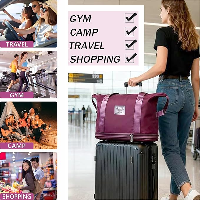 Expandable Foldable Duffel Bag with Detachable Rolling Wheels, Large Carry-On Luggage for Travel, Gym, Camping, Shopping, Business Trip (Purple)