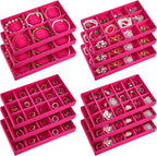 Junkin 12 Pcs Jewelry Tray Velvet Stackable Jewelry Organizer Trays Divided Earring Accessories Storage Containers Box (Rose 