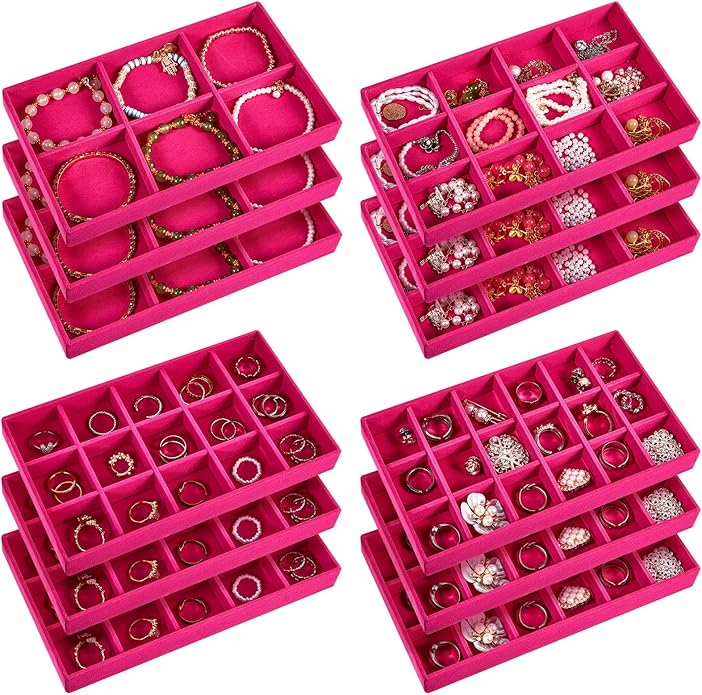 Junkin 12 Pcs Jewelry Tray Velvet Stackable Jewelry Organizer Trays Divided Earring Accessories Storage Containers Box (Rose 
