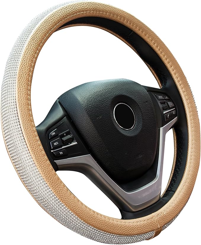 New Diamond Leather Steering Wheel Cover with Bling Bling Crystal Rhinestones, Universal Fit 15 Inch Car Wheel Protector for 