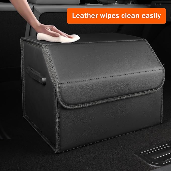 Trunk Organizer,car organizers and storage,black Leather Storage Box with lid,Fiberboard,Collapsible,15''L x 13''W x 12.4''H,2K