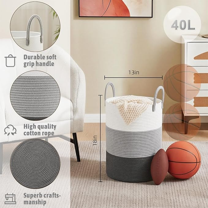 Artfeel Laundry Basket,Woven Cotton Rope Laundry Hamper,40L for Decorative Storage of Dirty Clothes,Toys and Blankets in Bath