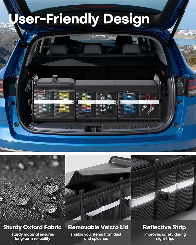 HOTOR Trunk Organizer - 3-Compartment Car Organizer and Storage with Cooler Bag, Foldable Car Storage Organizer for SUV with