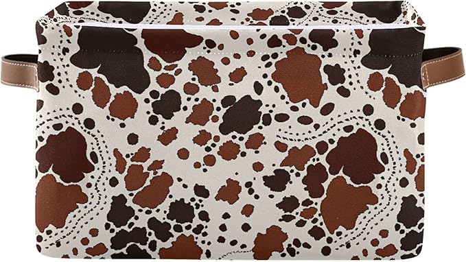 xigua Cow Print Storage Basket Collapsible Storage Bins Waterproof Canvas Storage Basket with Leather Handles for Home Closet