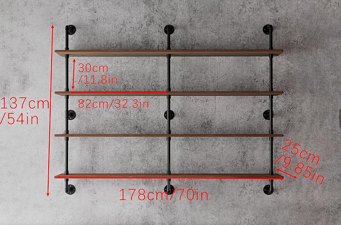 Floating Book Shelves for Wall 4 Tier 70 inch Bookshelf Industrial Pipe Shelving Shelves Bookcase Industrial Bookshelves Pipe