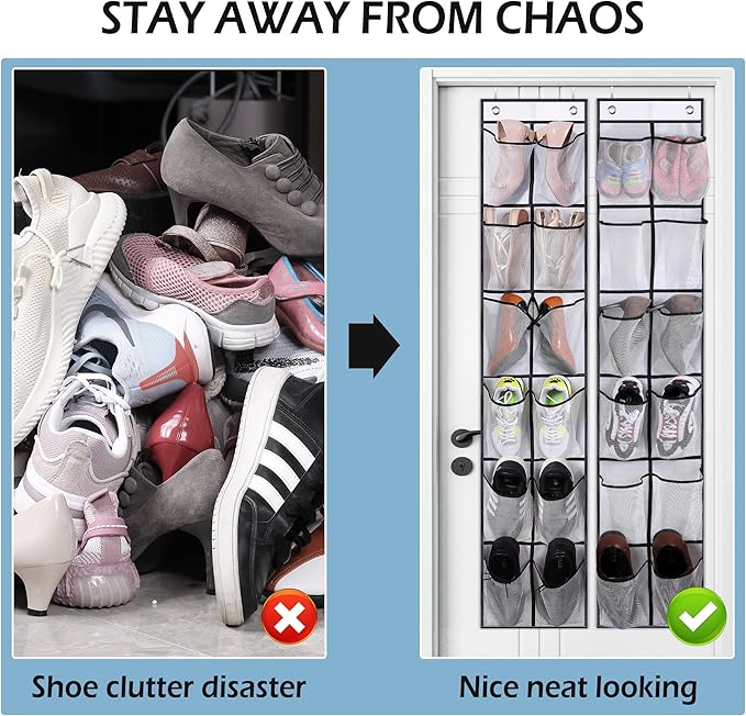 MISSLO Over The Door Shoe Organizer 12 Large Mesh Pockets Hanging Narrow Closet Door, White, 2 Pack