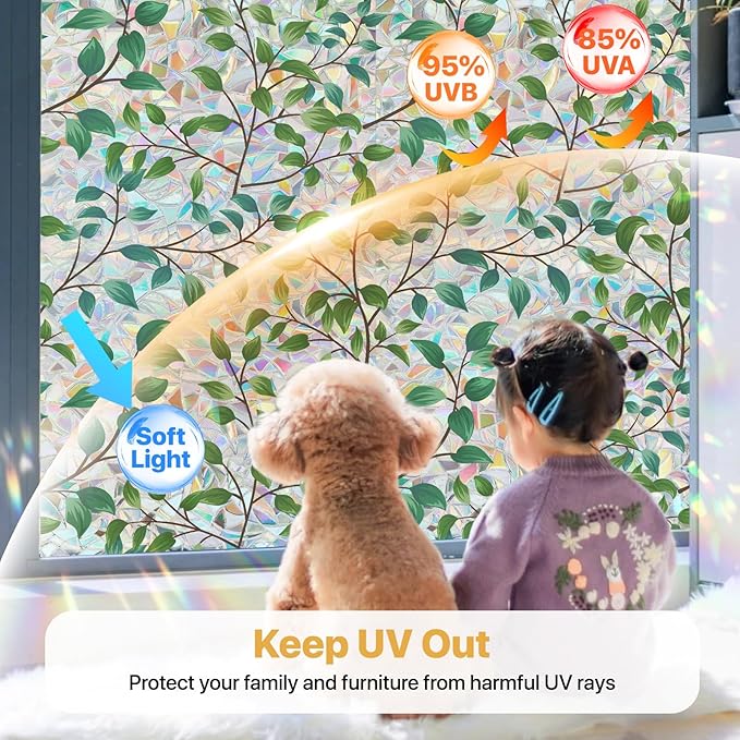 Spring Window Clings Decorative,3D Rainbow Window Privacy Film Sunroof Stained Glass Film, Non-Glue Static Cling Tint for Home Room Bathroom Glass Door Decor(Green Leaves, 16.9" x 39.4")