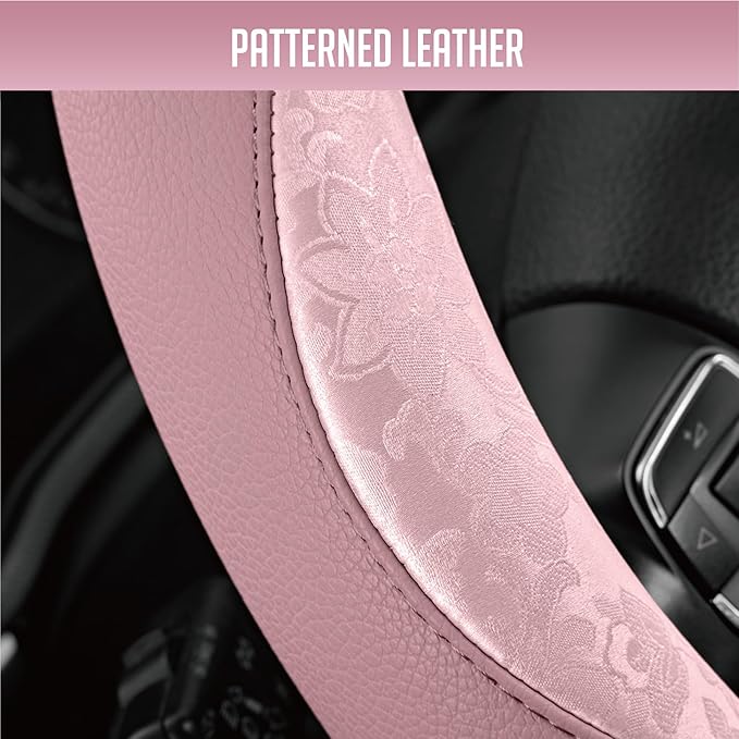PIC AUTO Steering Wheel Cover, Pink Patterned Leather Patchwork Design, Universal Fit 14.5"–15.5", Anti-Slip, Odor-Free, Soft