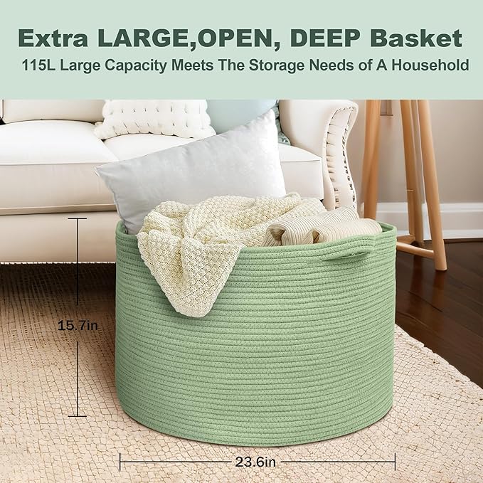 MEGASKET 115L Oversized Green Basket, 23.6"x15.7" Woven Cotton Rope Bin for Blankets, Nursery Wicker Laundry Hamper, Kids Toy