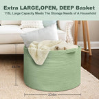 MEGASKET 115L Oversized Green Basket, 23.6"x15.7" Woven Cotton Rope Bin for Blankets, Nursery Wicker Laundry Hamper, Kids Toy