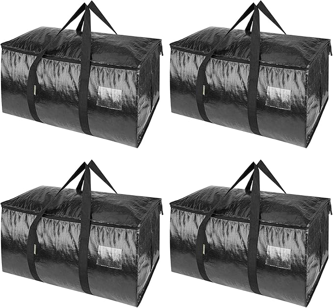 BALEINE 4-Pack Oversized Moving Bags with Reinforced Handles, Heavy-Duty Storage Tote for Clothes, Moving Supplies (Black, 4-
