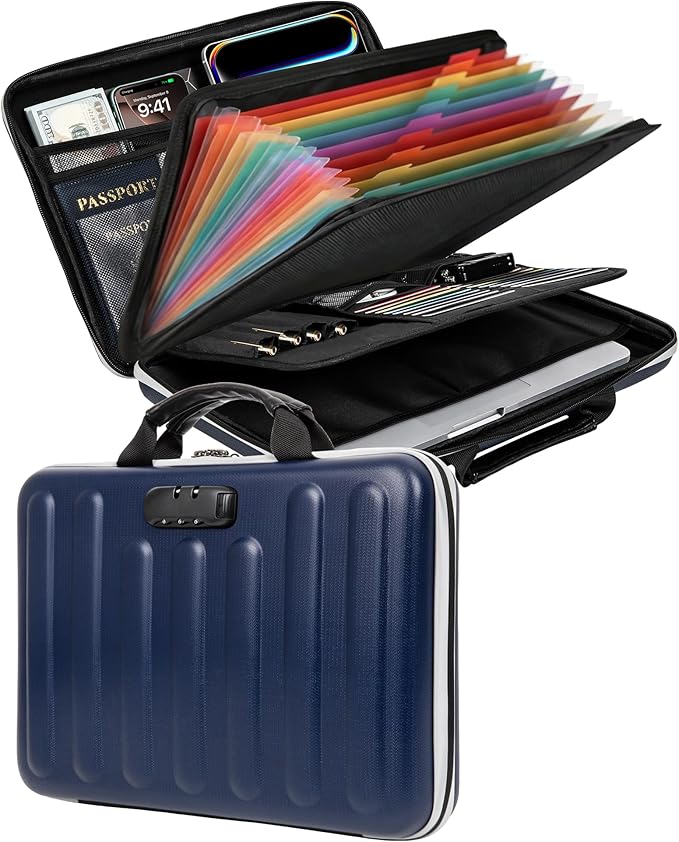 DOZAWA Fireproof Document Box, Hard Case Document Organizer with Lock, 13 Pockets Accordion File Folder with Reflective Strip