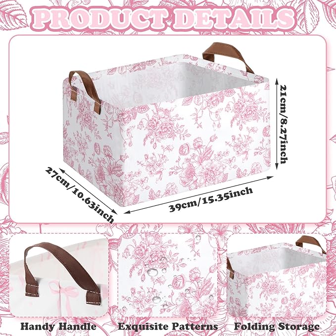 Boao 3 Pcs Pink Bow Storage Bin Coquette Collapsible Large Storage Baskets for Gifts Empty Candy Holiday Decor Canvas Laundry