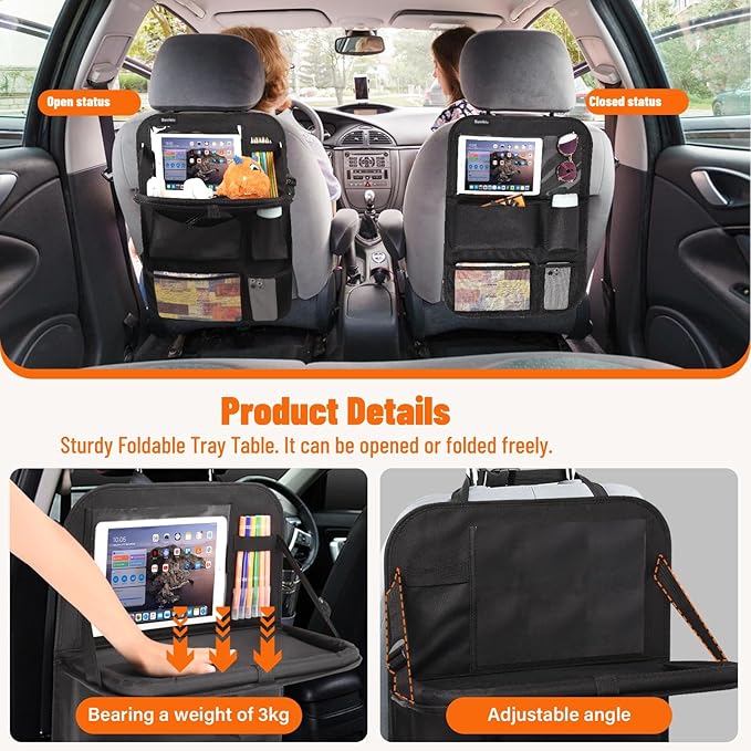 2 Pack Car Backseat Organizer with Foldable Table Tray, 12 Storage Pockets Kick Mats Protector Tablet Holder for Family Travel (Black)