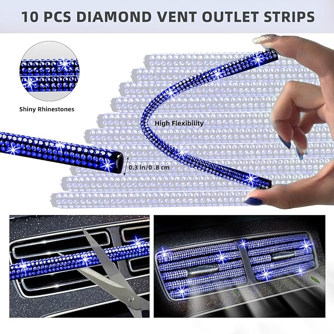 NBTEPEM 30 Pcs Blue Bling Car Accessories Set for Women, Blue Steering Wheel Cover Set, Bling Console Cover, Seat Belt Cushion, Shift Knob Cushion, Cup Coaster, Rhinestone Car Hanging Accessories