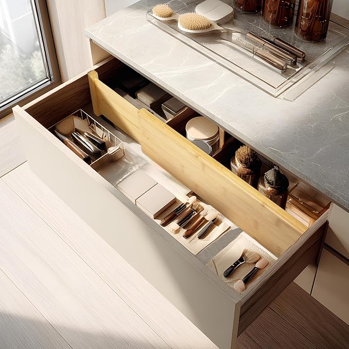 VaeFae 3 Pack Bamboo Drawer Dividers, 4" High Adjustable 16.6" - 21.8" Clothes Drawer Organizers, Expandable Separators for B