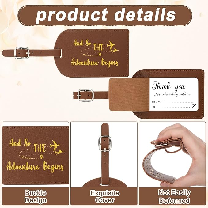 Sweetude 48 Sets Leather Luggage Tag Bulk and So The Adventure Begins Luggage Tags with Name Card for Wedding Bridal Shower B