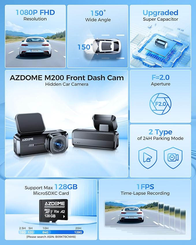 AZDOME M200 Mini Dash Cam WiFi Dashcam - Single Channel Dash Cam for Broad Road Coverage - Built-in WiFi - Full HD Resolution