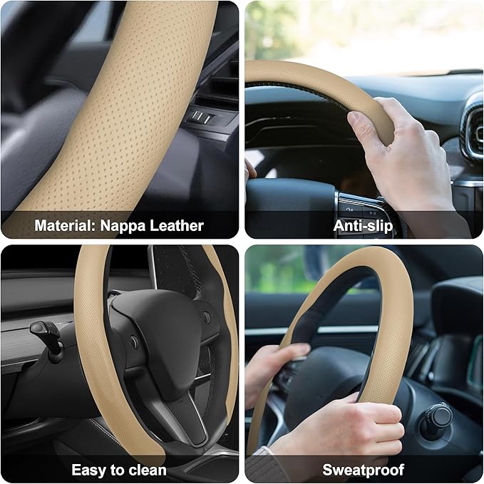 Frani Nappa Leather Steering Wheel Cover,Universal Fit 15 Inch-Premium Non-Slip Breathable Comfort Grip for Cars Trucks SUVs,Anti-Slip Durable Interior Upgrade Light Beige