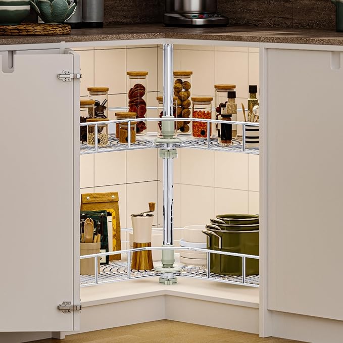 DWVO 31″ Kidney 2-Tier Lazy Susan – Telescoping Mount Corner Cabinet Organizer with Pie-Shelf Design, for Bathroom,Kitchen Ca