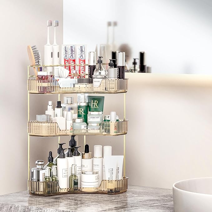 Corner Bathroom Counter Organizer with Top Toothbrush Holders, 3-Tier Make Up Organizers for Vanity with Brush Holder, Corner