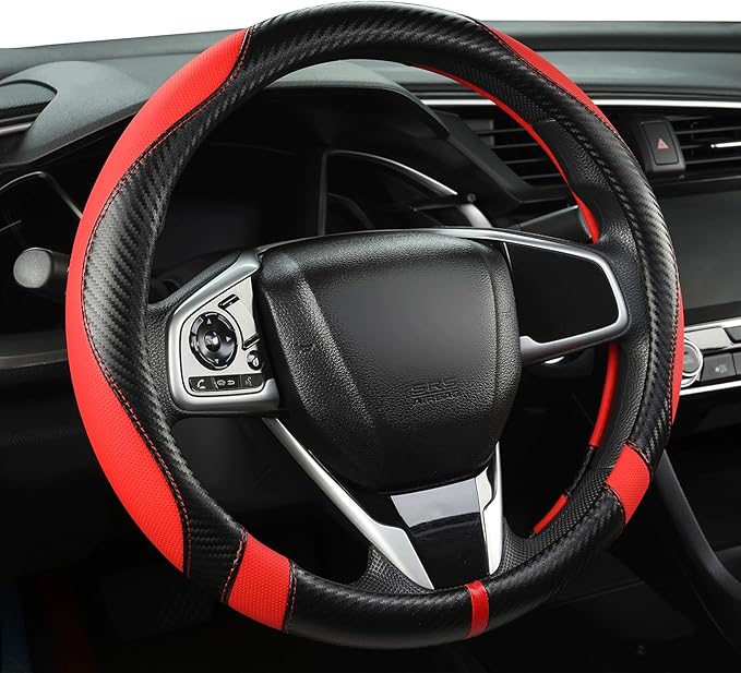 West Llama Carbon Fiber Car Steering Wheel Cover for Honda,Anti-Slip, Full Surround Breathable Leather Auto Protector(Black+R