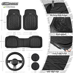 CAR PASS Leather Rubber Steering Wheel Cover 14 1/2” -15”,Tire Tread Pattern Design,Non-Slip Wear-Resistant, Heavy Duty Deep-Dish Car Floor Mats, Trim-to-Fit Car Mat,Fit for Steering Wheel Black
