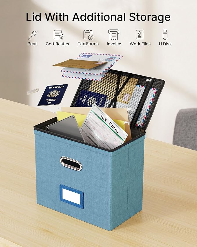 Oterri 1 Pack File Organizer Boxes with Lids, File Box with Mesh Pockets, Document Organizer Box for Letter Size Folders, Zip