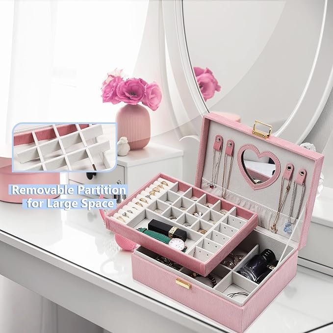 Dajasan Jewelry Boxes for Women Girls, Jewelry Organizer Box, 2-Layer Large Velvet Jewelry Organizer for Rings Necklaces Brac