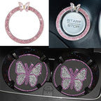 Dotesy 16 Pcs Bling Car Steering Wheel Cover Set with Crystal Seatbelt Shoulder Pads Diamond Butterfly Car Accessories for Women (Pink)