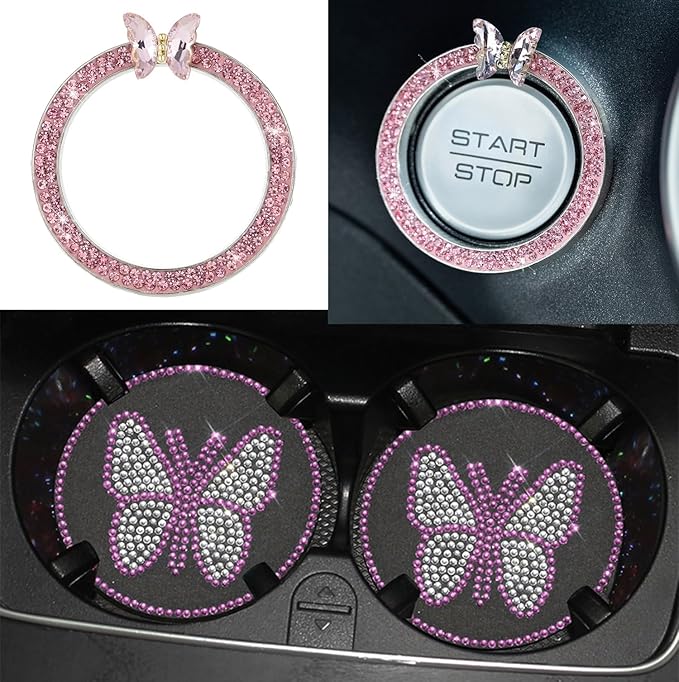 Dotesy 16 Pcs Bling Car Steering Wheel Cover Set with Crystal Seatbelt Shoulder Pads Diamond Butterfly Car Accessories for Women (Pink)