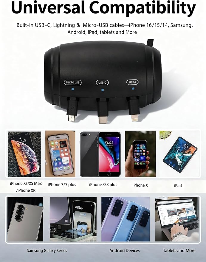 Retractable Car Backseat Charger–3-in-1 Car Backseat Charging Station, Rideshare & Private Car Essential, Fast Charge, 360° Rotating Headrest Mount – Universal USB-C/Lightning/Micro-USB for All phones