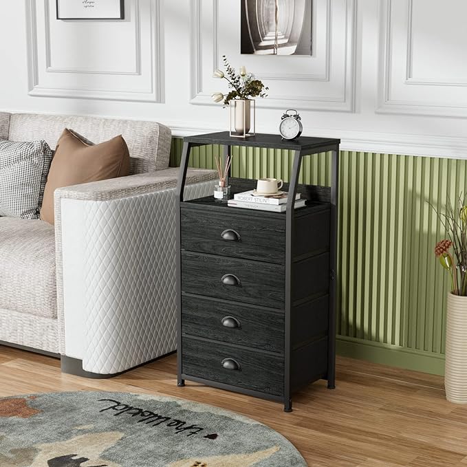 Furnulem Tall 4 Drawers Dresser, Vertical Storage Tower Black Dresser for Bedroom, Hallway, Entryway, Nursery, Closet Organiz