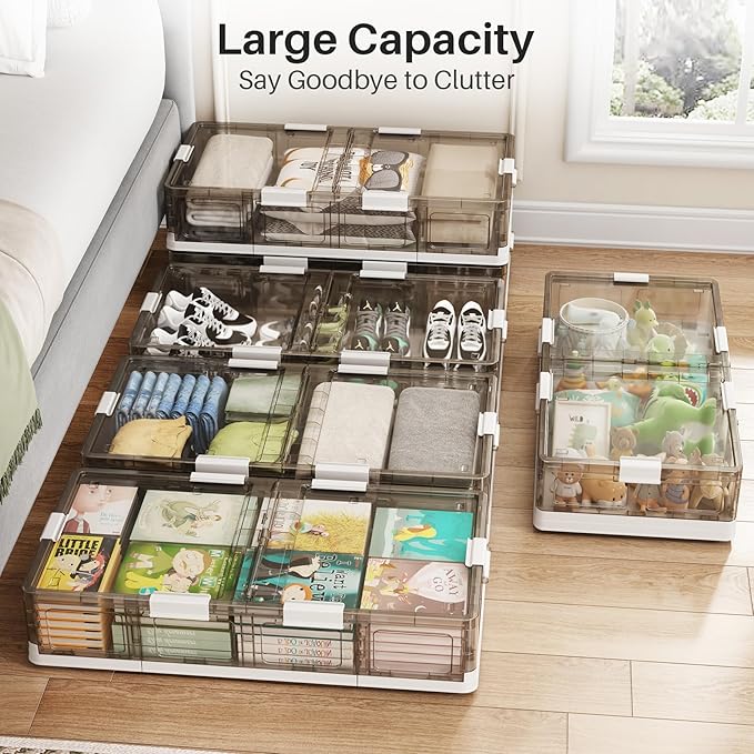 Kitstorack Plastic Under Bed Storage Containers,2 Pack Underbed Storage with Wheels,Foldable and Stackable Under Bed Organize