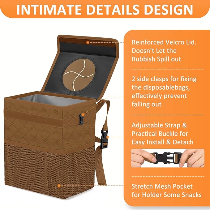Car Trash Can for Cute, Bag Bin Hanging Waterproof Automotive Car Garbage Cans Leak Proof Vehicle Trash Can Diamond Pattern-Brown