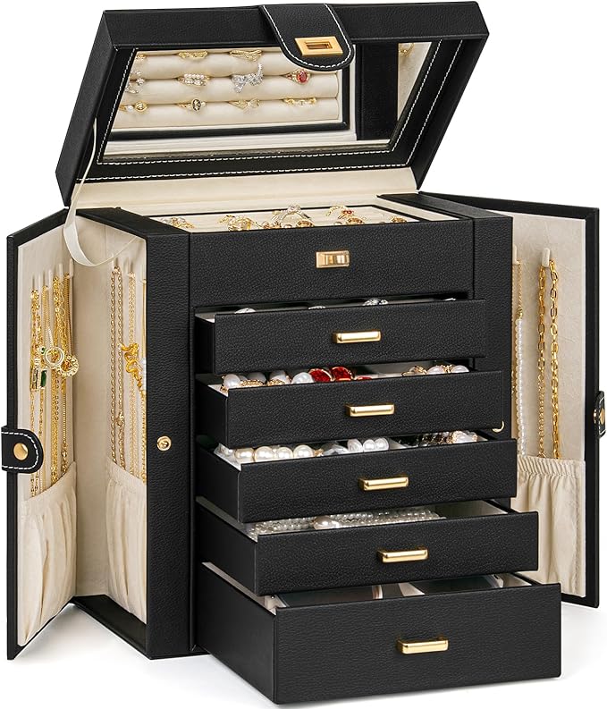 AKOZLIN 6-Tier Jewelry Box Organizer Functional 5 Drawers Leather Jewelry Storage Case for Women Girls Ring Necklace Earring 