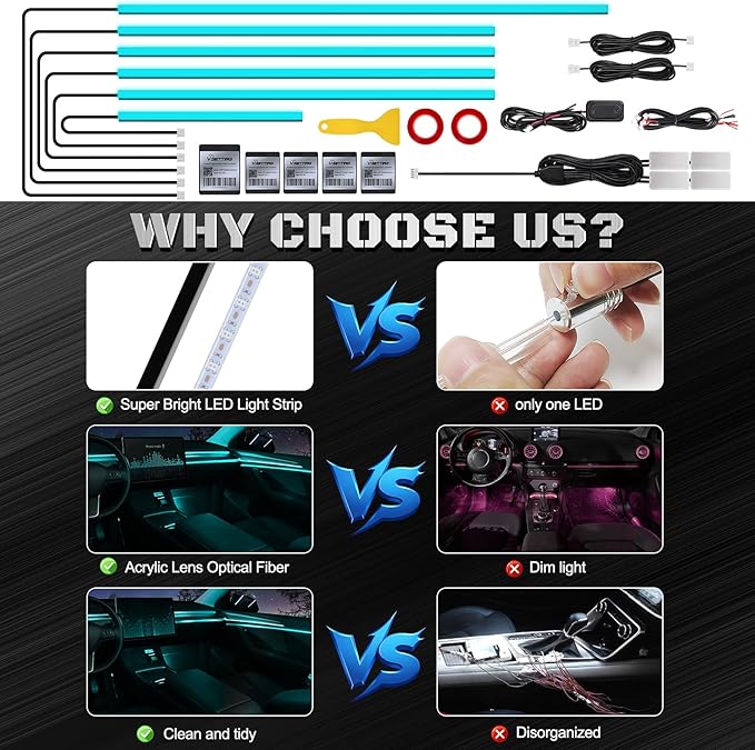 RGB Acrylic Interior Car LED Strip Light with Wireless APP, 10 in 1 with 175 inches 593 LEDs Neon LED Strip Light, 16 Million Colors Dynamic Music Sync Car Ambient Lighting Kits