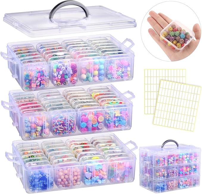 Bead Organizer Box, 84pcs Small Plastic Containers with Lids and Labels, 3-Tier Stackable Storage Box, Mini Clear Bead Storag
