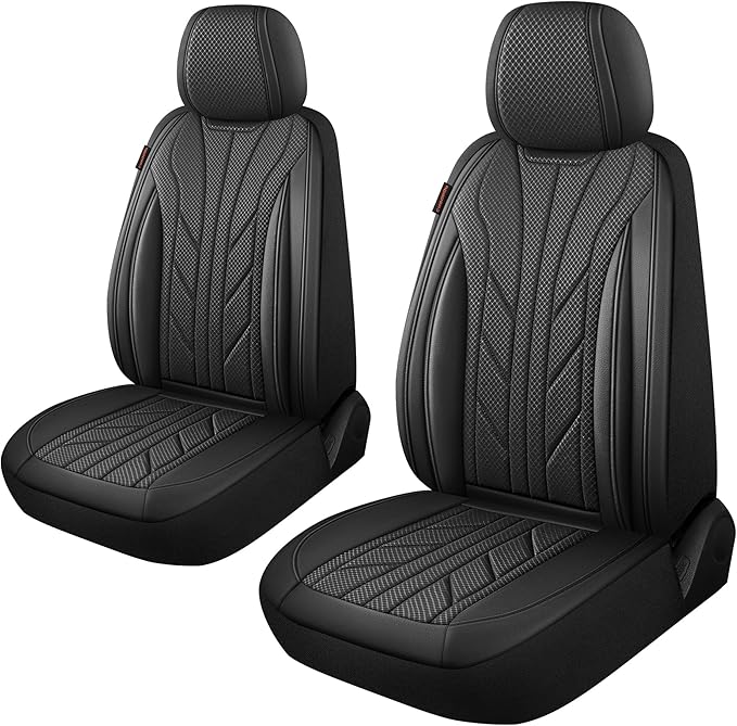 CAROMOP Luxury Faux Leather&Fabric Car Seat Covers 2 Front Seats with Breathable 3D Foam Back Support, Universal Seat Covers 