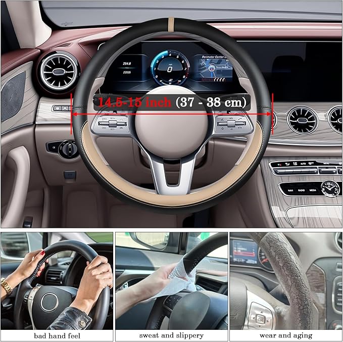Black Beige Car Steering Wheel Cover, Nappa Leather, Bottom Color Blocking, Universal 14.5-15 Inch Leather Anti-Slip Breathab