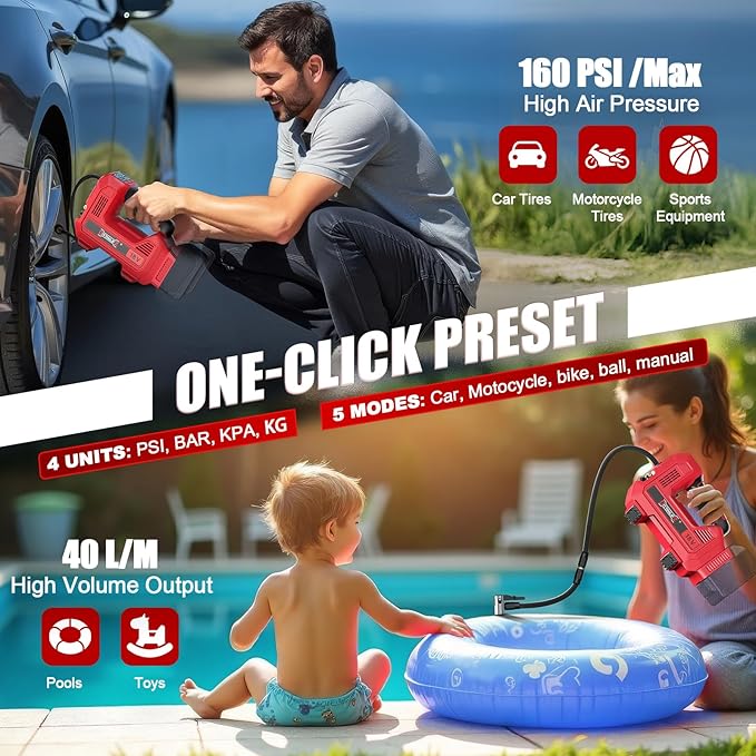 160PSI Cordless Tire Inflator Compatible with Milwaukee 18V Air Compressor, Portable Air Pump Automatic Shut Off, LED Light, Digital Pressure Gauge for Cars Motorcycles Bikes(Bare Tool)
