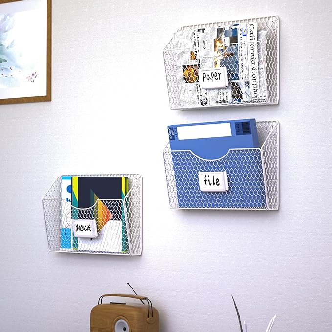 Magazine Rack 3 Pockets Hanging File Organizer Metal Wire Baskets with Tag Slot literature catalogs,mail,letters,charts,broch