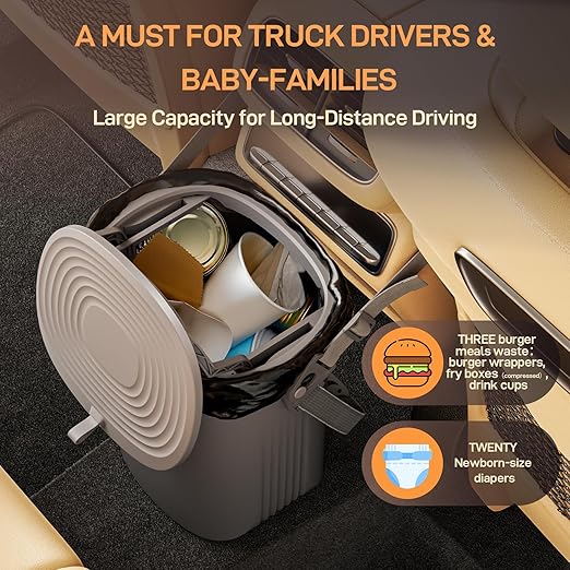Trash Can for Car Garbage: Leakproof Silicone Car Waste Bin w/Lid for Drivers and Passengers; 2 Gallon Garbage Container for Vehicle, Sedan, SUV, Van, MPV & Truck (Gray)